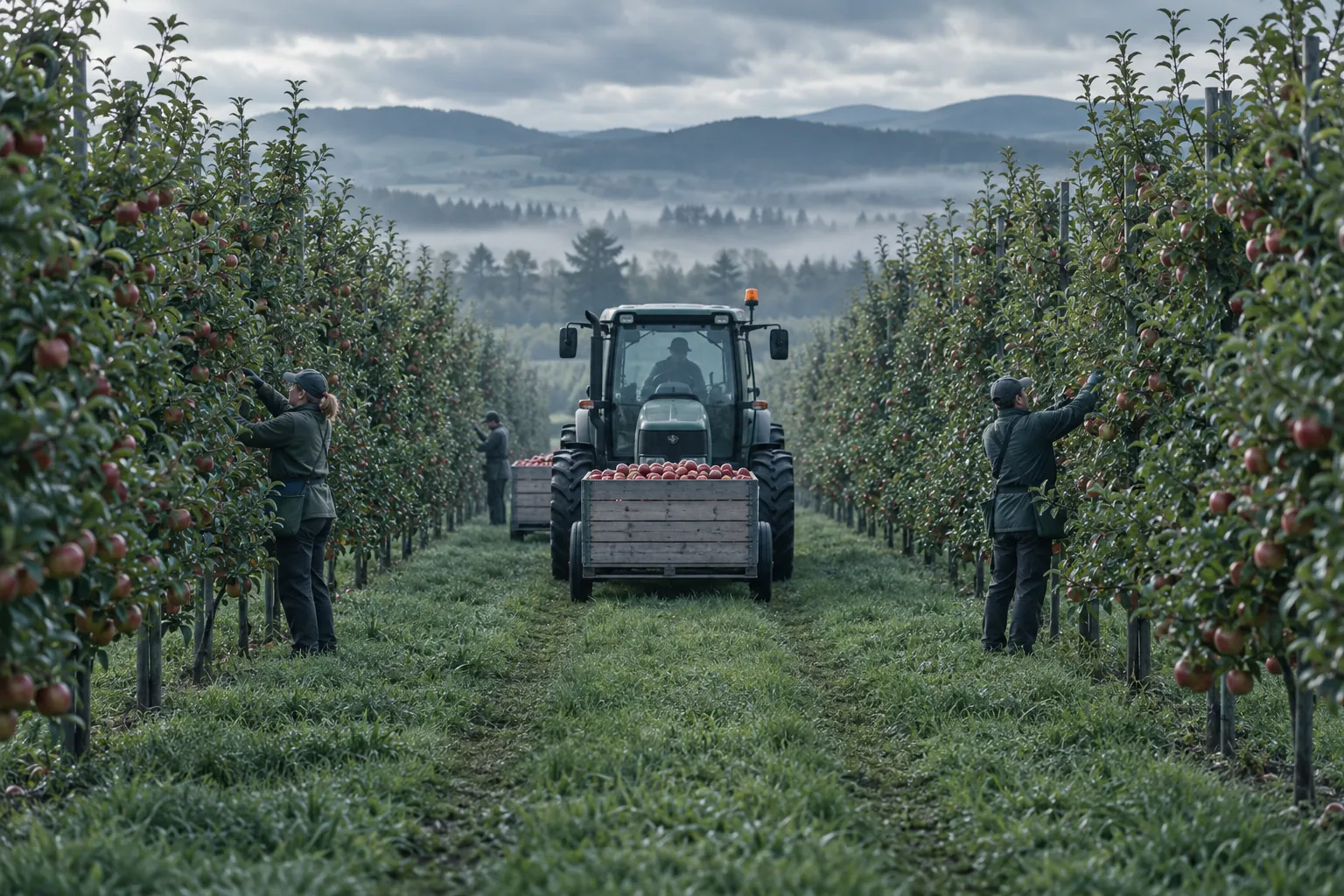 An orchard harvest yard with crates stacked on a trailer