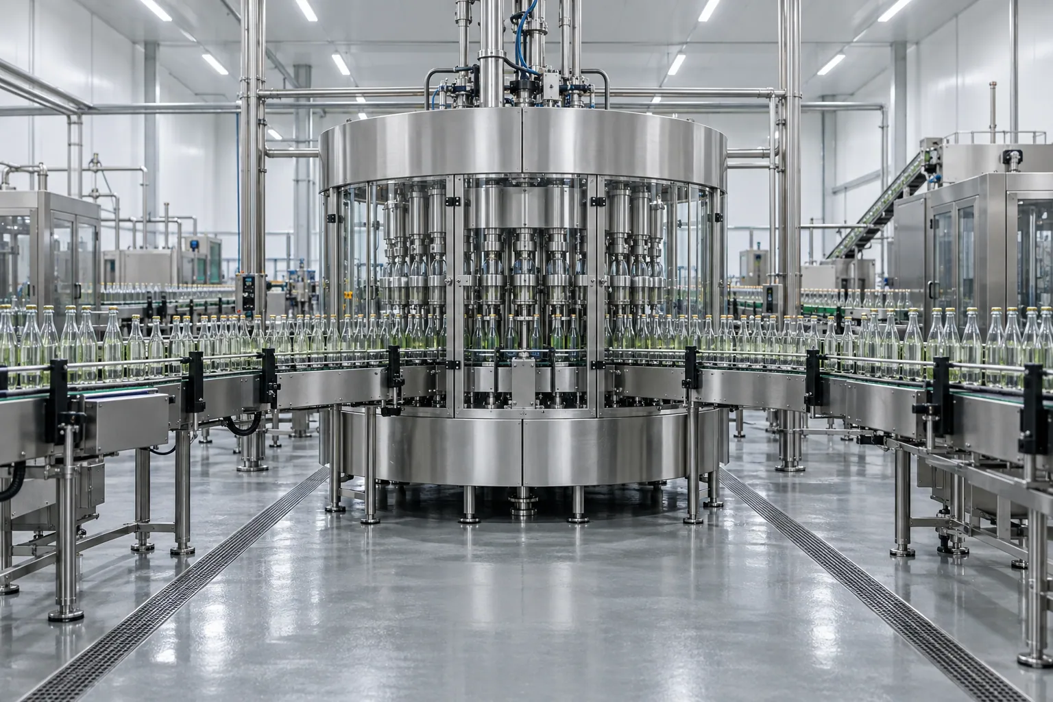 A hygienic stainless processing hall in a food plant