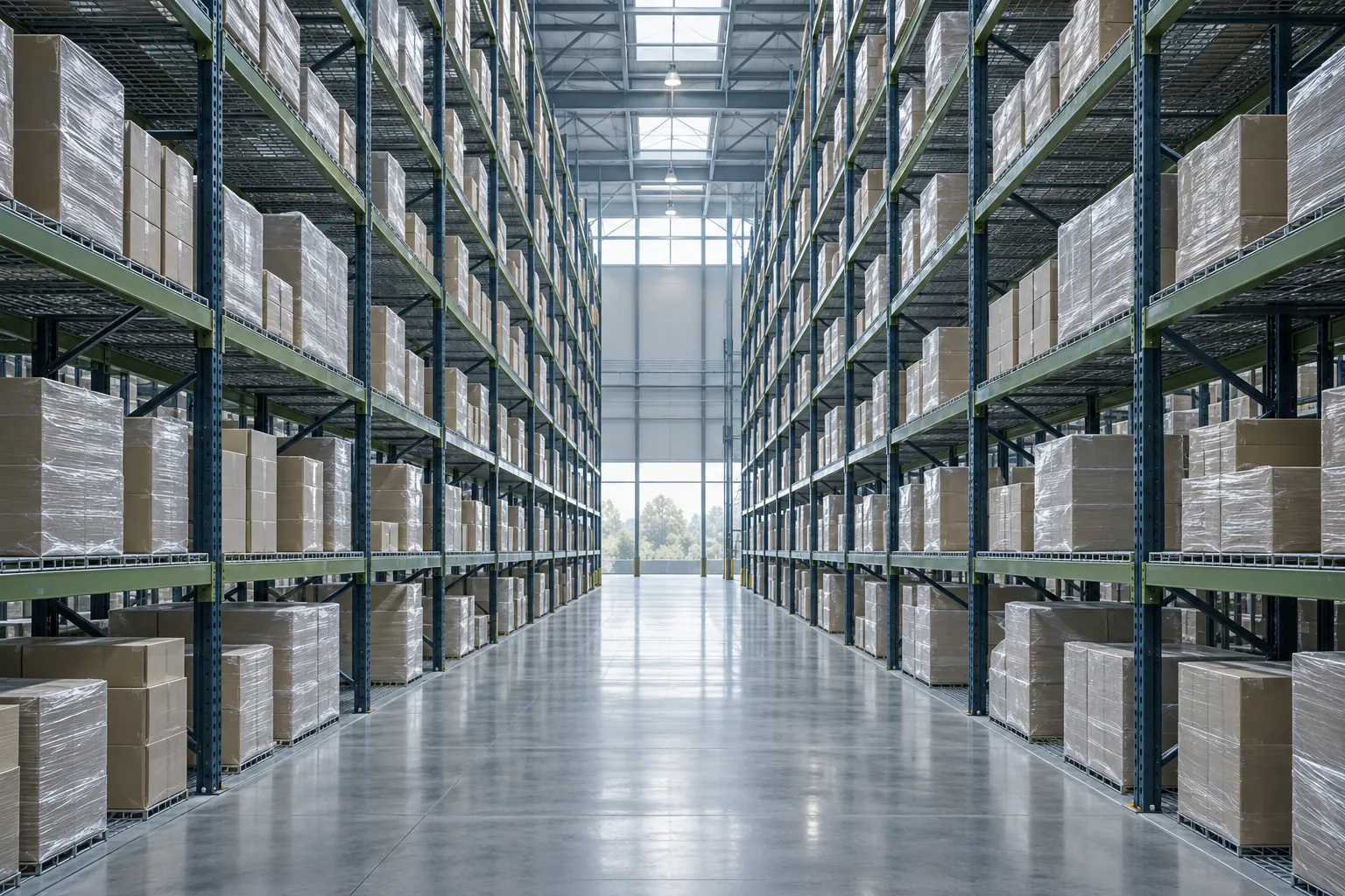 A high-bay warehouse aisle with racking running to the ceiling