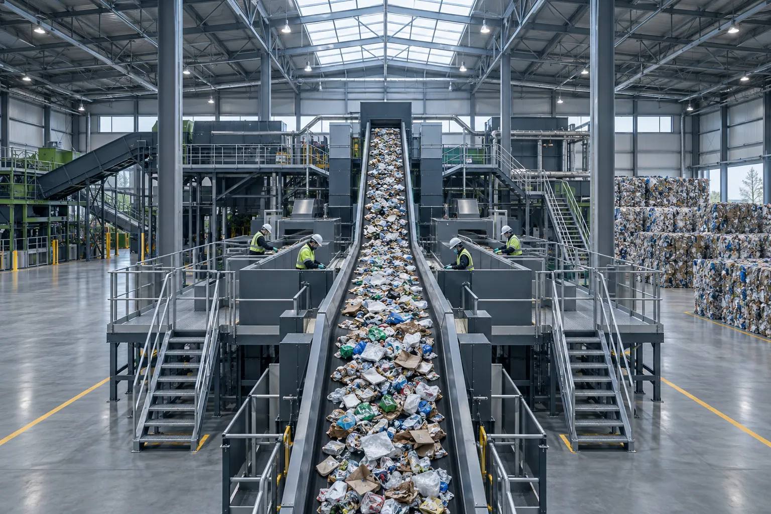 A materials recovery facility with conveyors and sorted waste