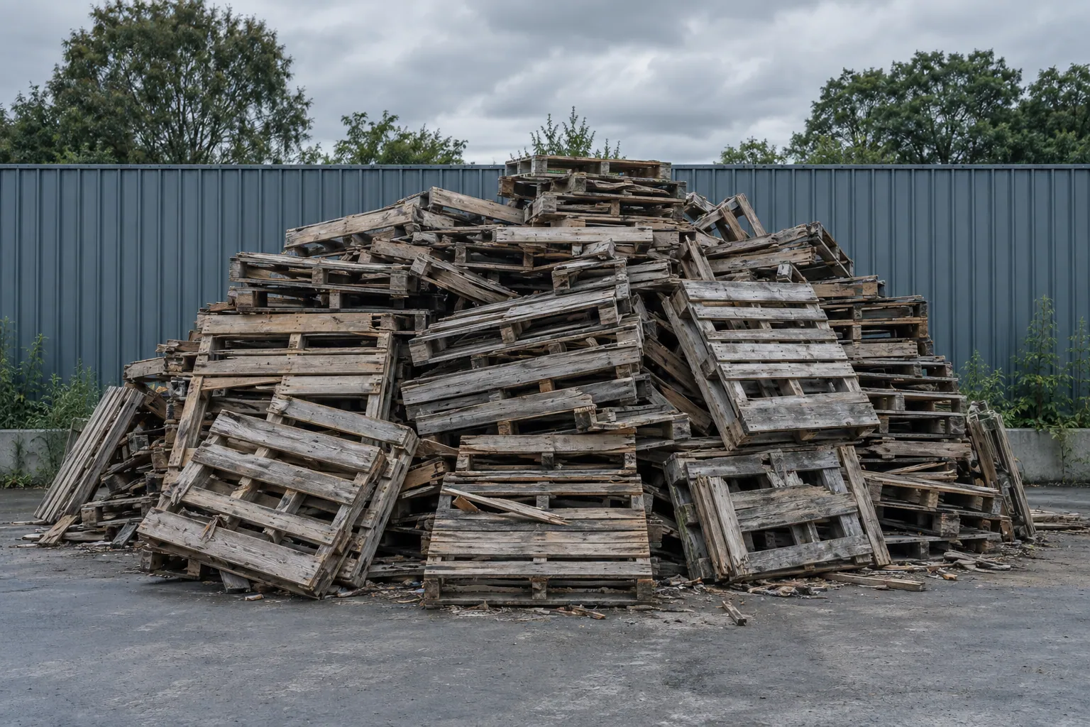 A pile of broken, weathered wooden pallets stacked against a steel fence at a recycling yard