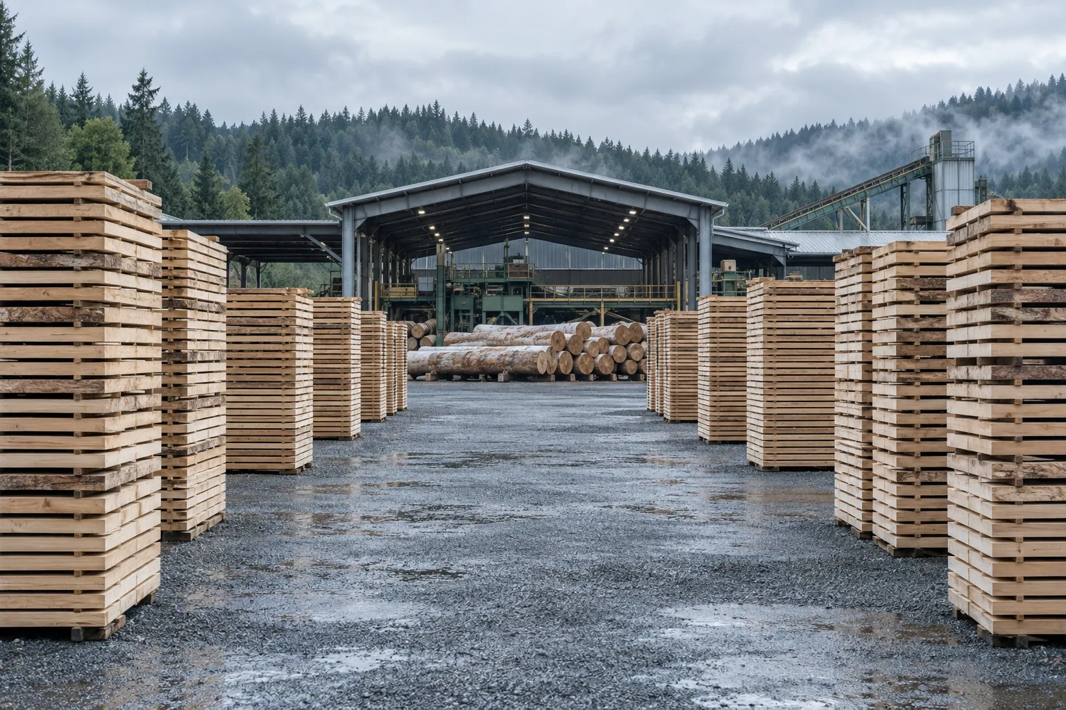 Stacks of freshly sawn hardwood boards in a sawmill yard under flat overcast light, with a log deck behind them