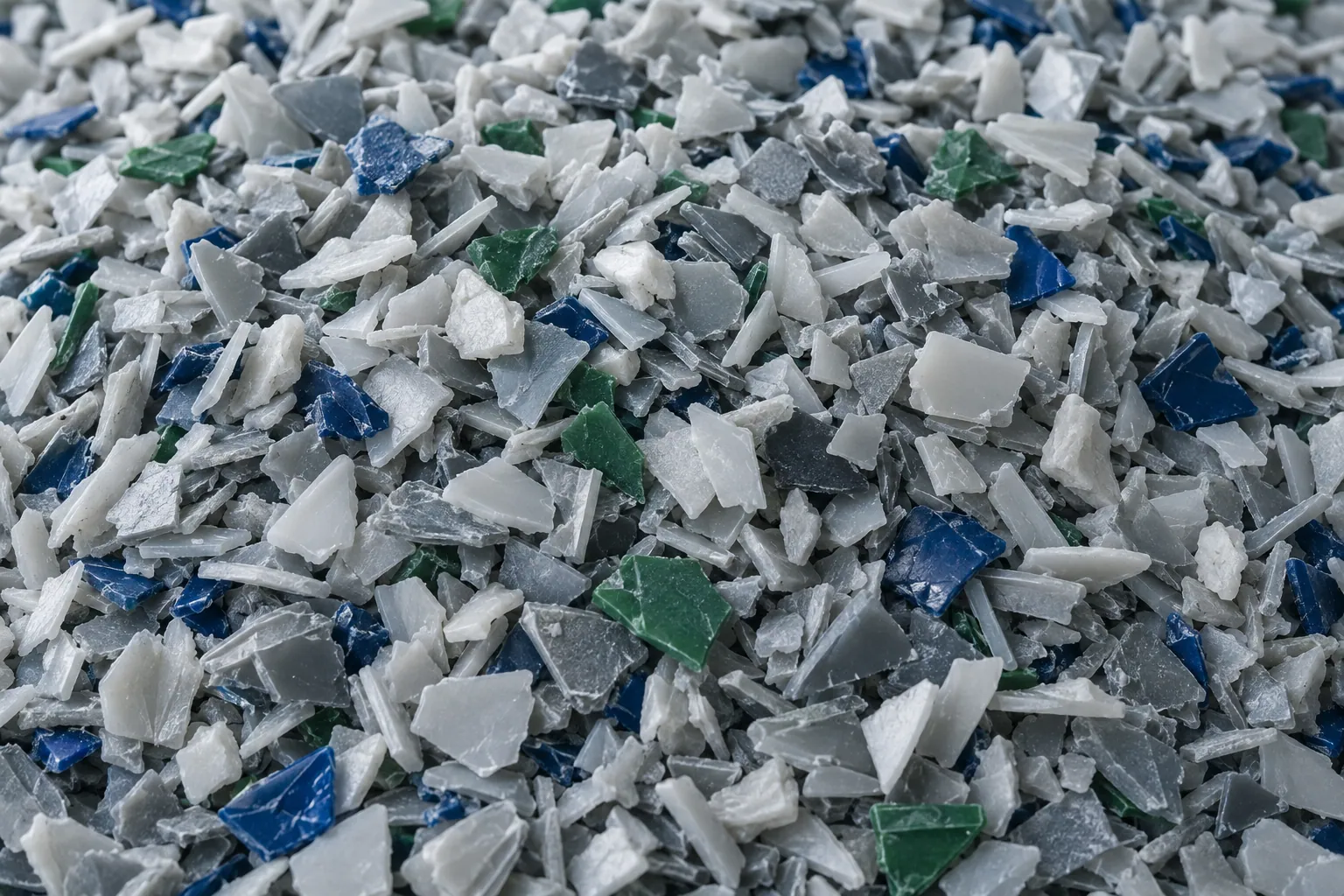 A close-up of shredded HDPE plastic regrind flakes, mostly pale grey with a few blue and green pieces