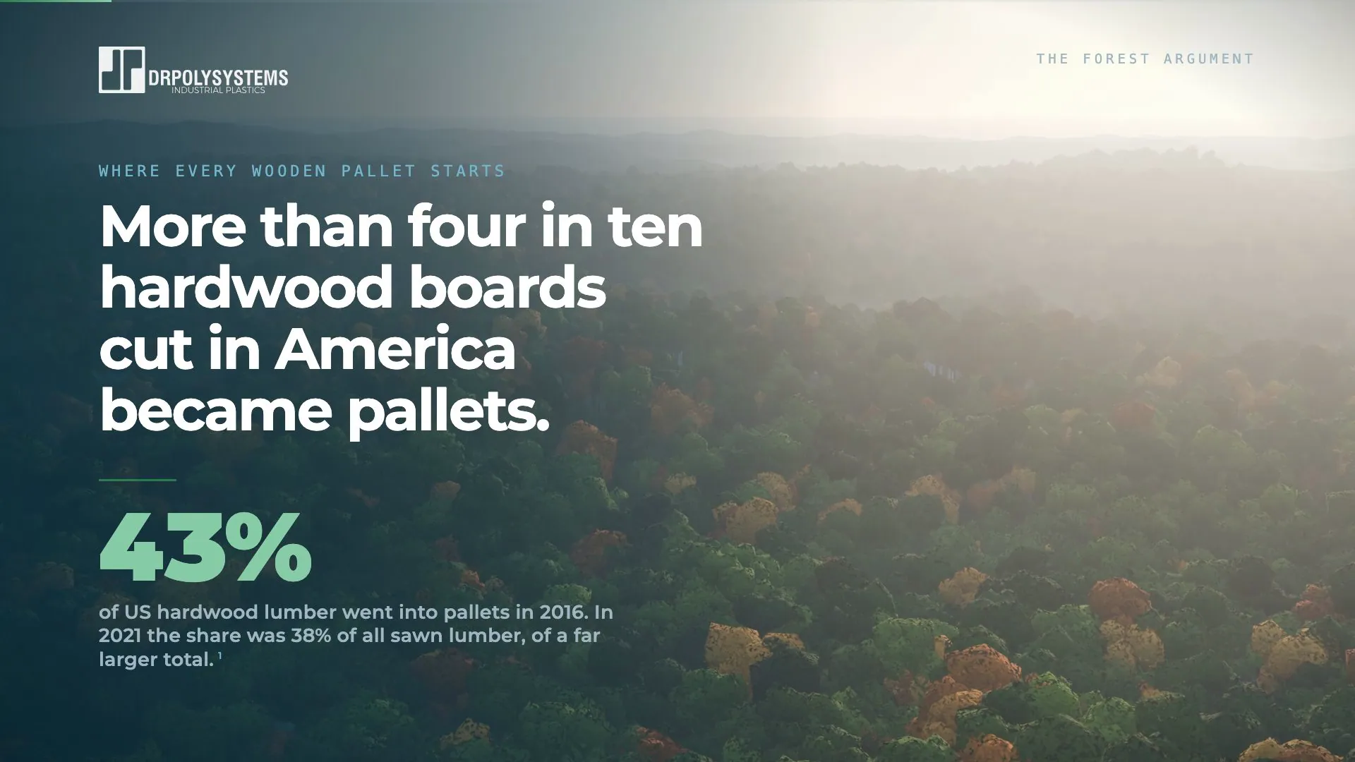 Opening frame of the film: a hardwood forest canopy from above, with the headline that more than four in ten hardwood boards cut in America became pallets