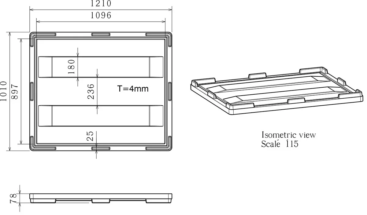 Dimensioned engineering drawing of the 48×40 bulk container lid: plan view, edge elevation and an isometric view, marked in millimetres