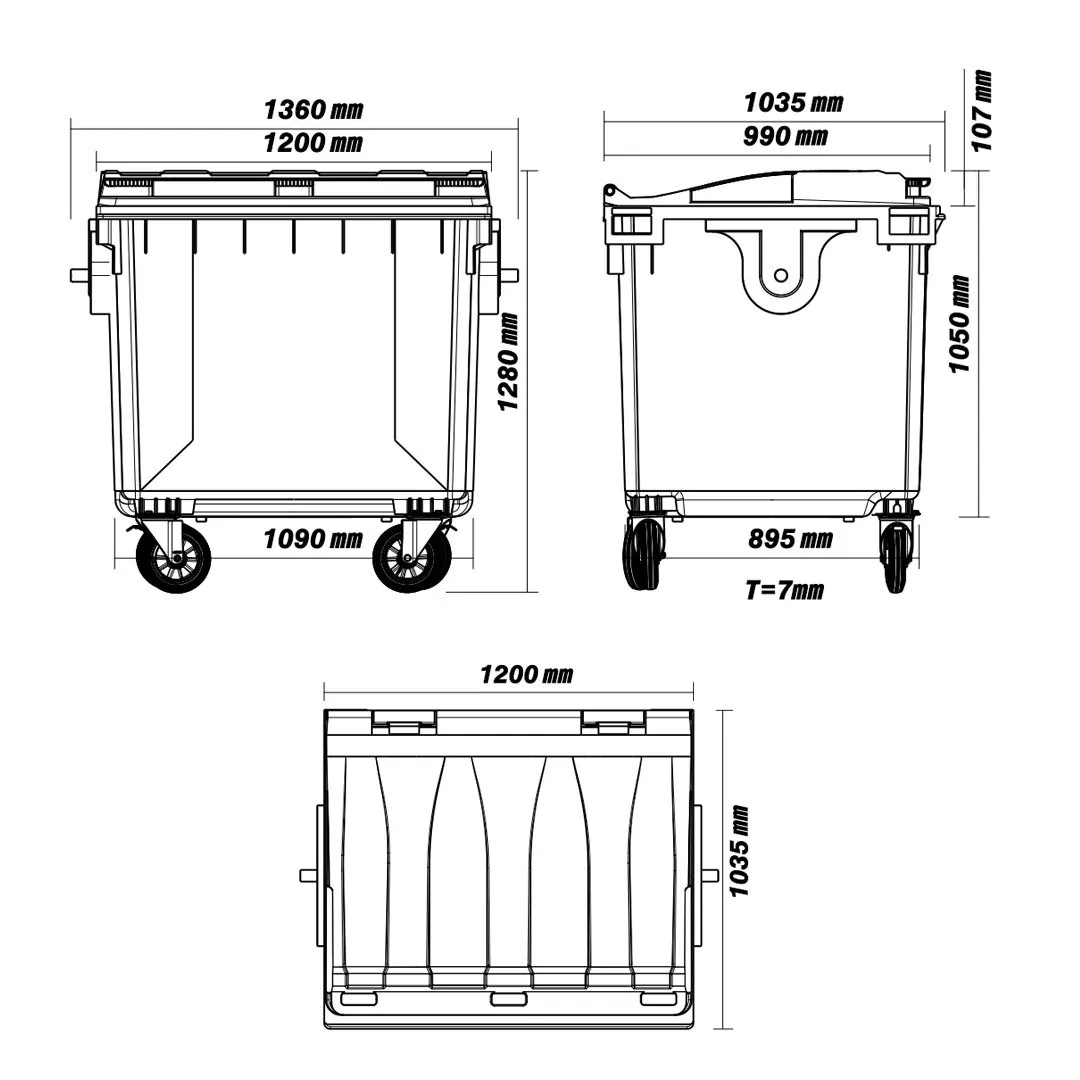 Dimensioned engineering drawing of the 1100 litre bulk waste container: front and end elevations and a plan view, marked in millimetres