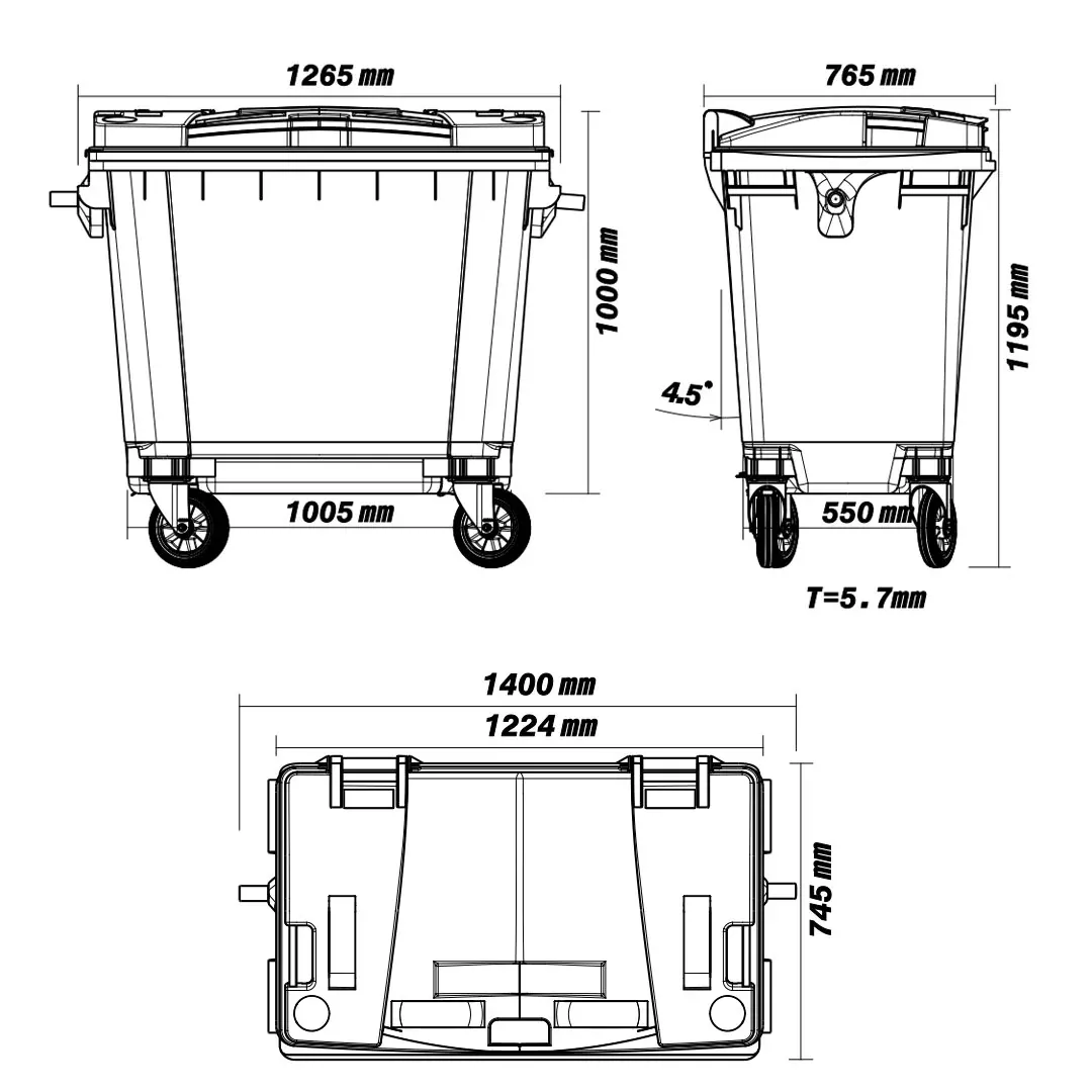 Dimensioned engineering drawing of the 660 litre bulk waste container: front and end elevations and a plan view, marked in millimetres