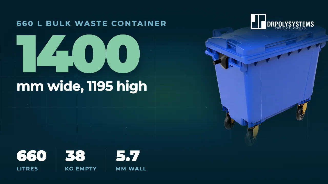 Cover frame of the 660 L Bulk Waste Container, 4-Wheel film: a blue four-wheeled bulk waste container with a hinged lid and black castors, with the figure 1400 mm wide, 1195 high