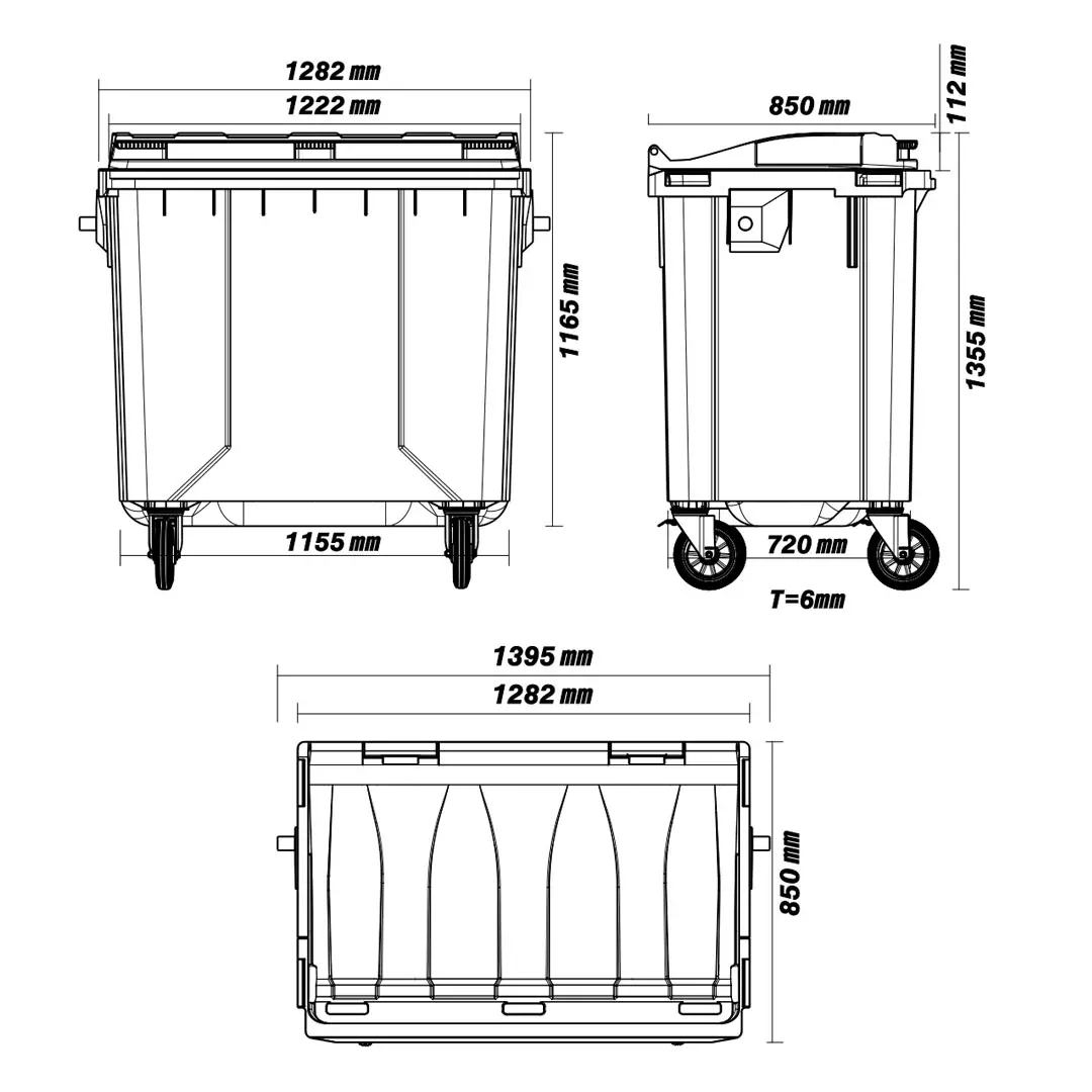 Dimensioned engineering drawing of the 770 litre bulk waste container: front and end elevations and a plan view, marked in millimetres