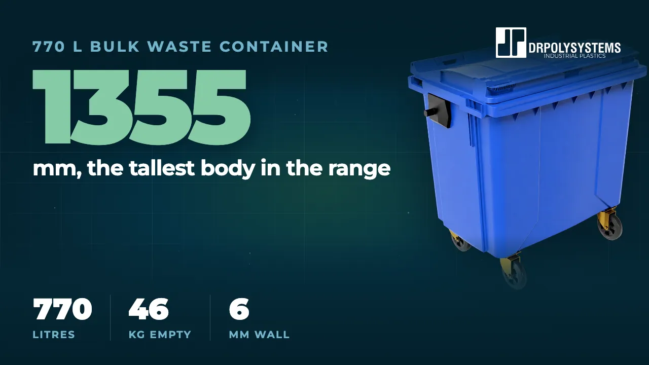 Cover frame of the 770 L Bulk Waste Container, 4-Wheel film: a blue four-wheeled bulk waste container with a hinged lid and black castors, with the figure 1355 mm, the tallest body in the range