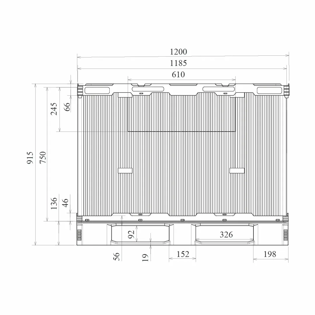 Dimensioned engineering drawing of the 47×31 collapsible bulk container: a side elevation with the sleeve, base and fork openings marked in millimetres