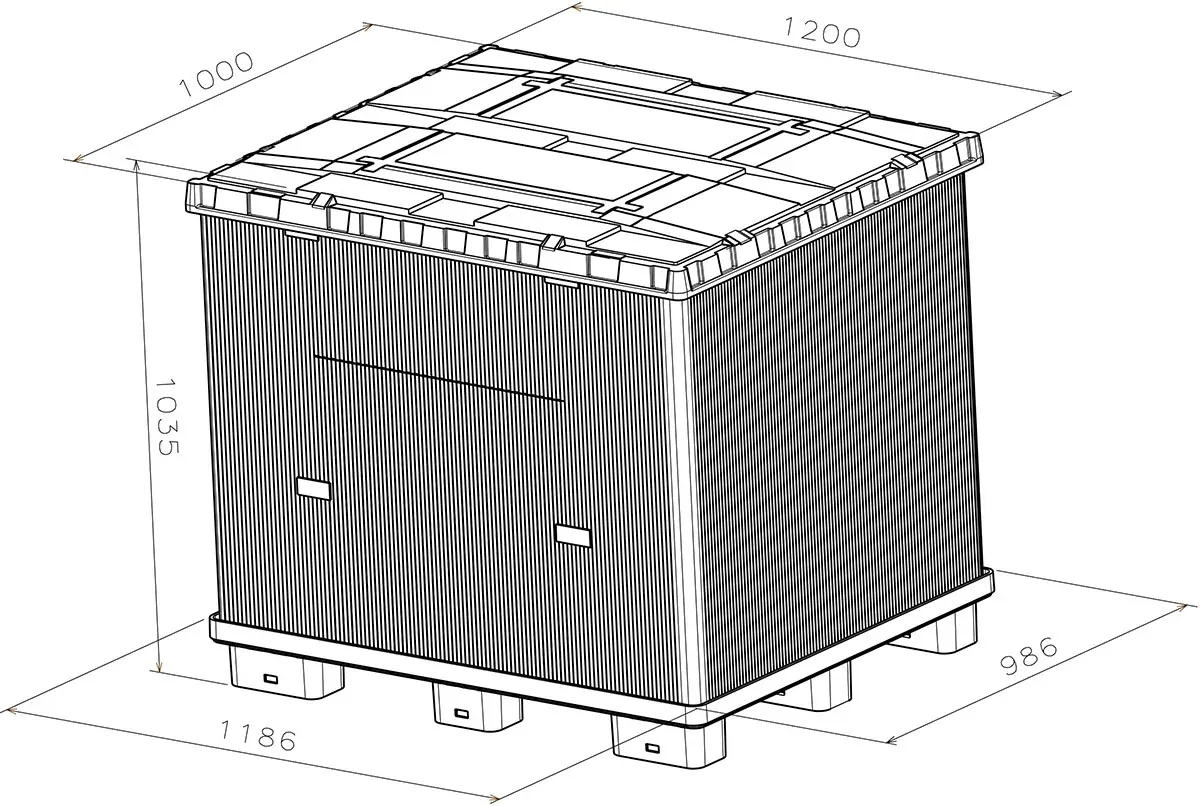 Dimensioned isometric drawing of the 48×40 collapsible bulk container, marked in millimetres across the top, the height and the base