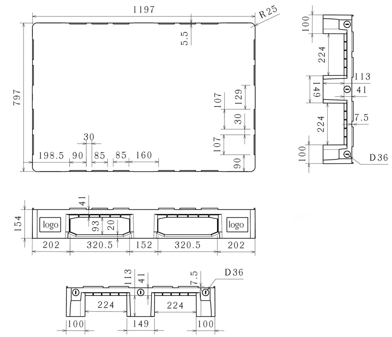Dimensioned engineering drawing of the 47×31 closed-deck Euro pallet: plan view with sections, marked in millimetres