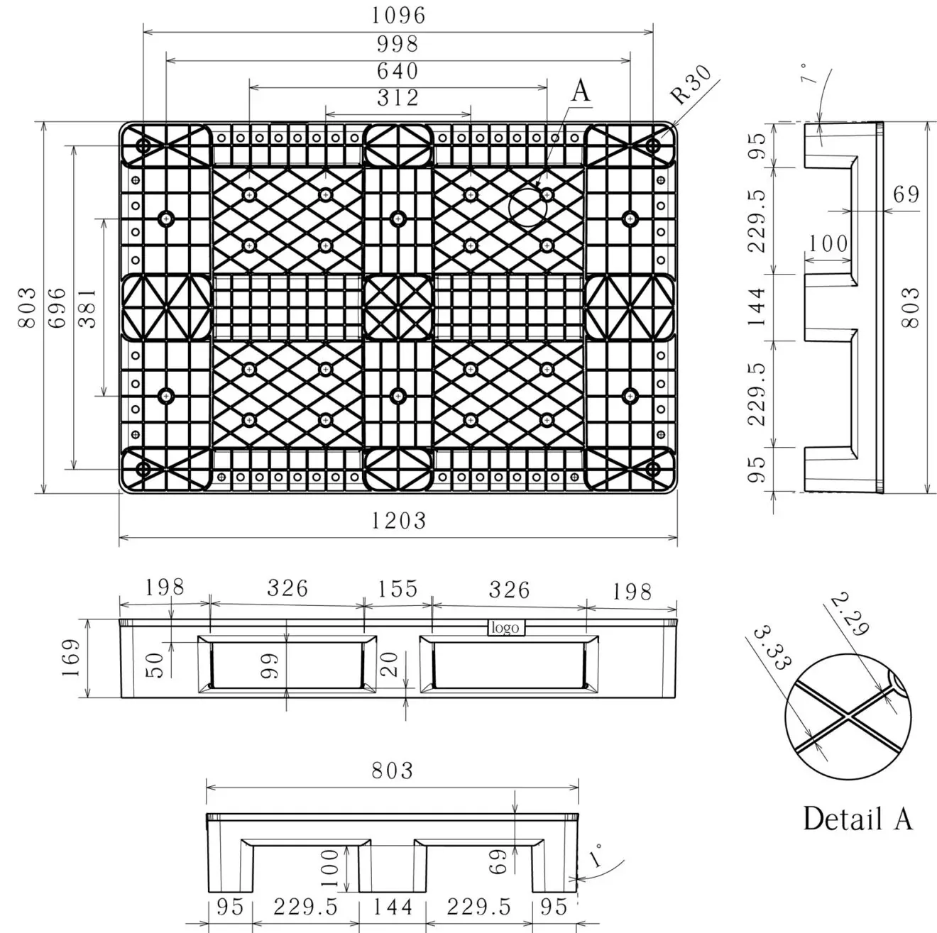 Dimensioned engineering drawing of the 47×31 grid-deck Euro pallet: plan view with two sections and a deck detail, marked in millimetres
