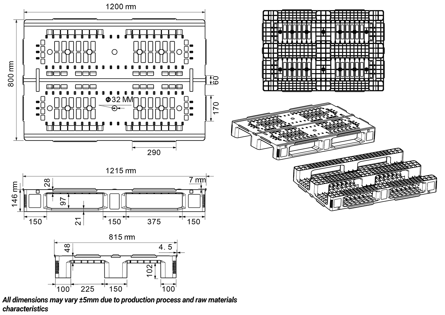 Dimensioned engineering drawing of the 47×31 low-profile Euro pallet: plan view, two sections and isometric views, marked in millimetres