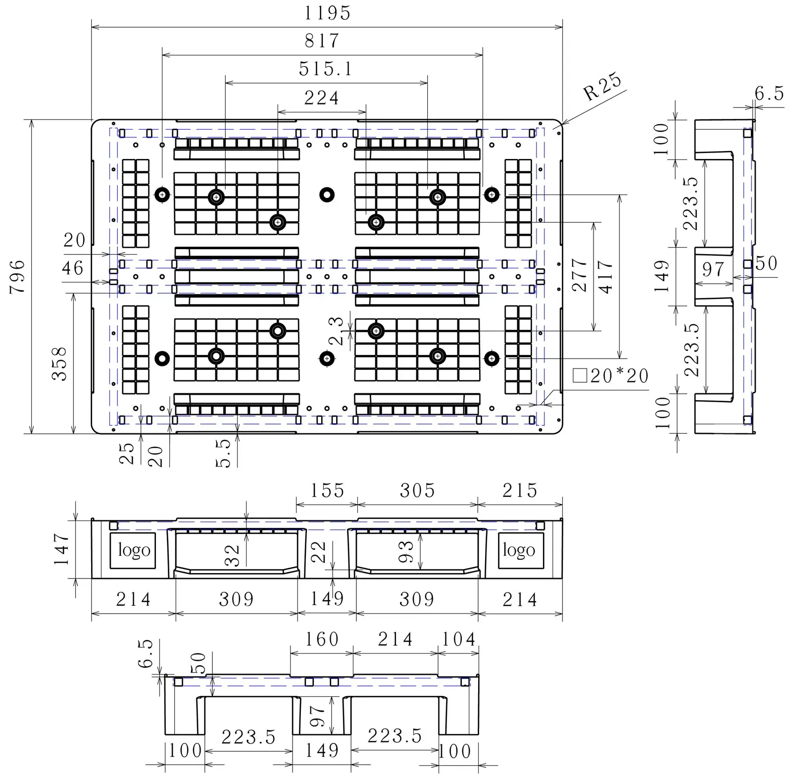 Dimensioned engineering drawing of the 47×31 Euro pallet: plan view with side and end sections, marked in millimetres