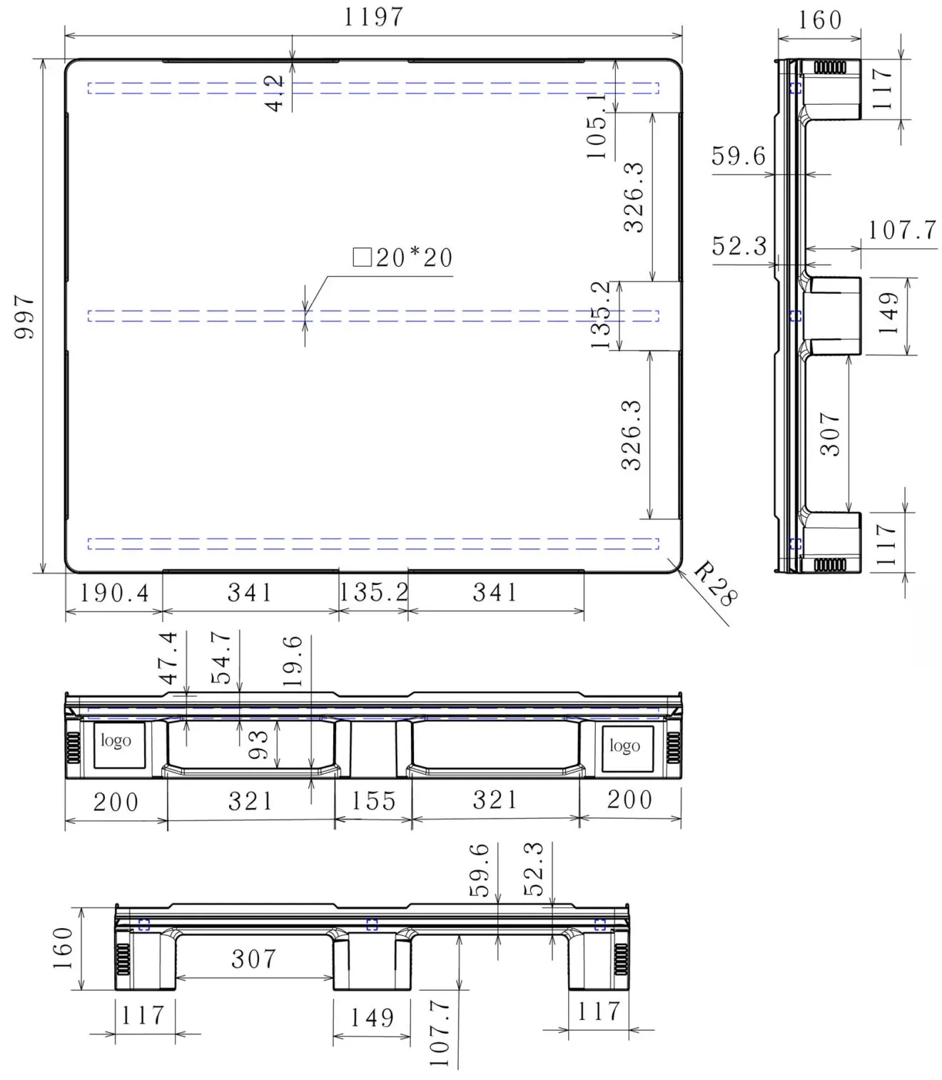 Dimensioned engineering drawing of the 48×40 food-grade pallet: plan view, two elevations and an end view, marked in millimetres with logo panels on the corner blocks
