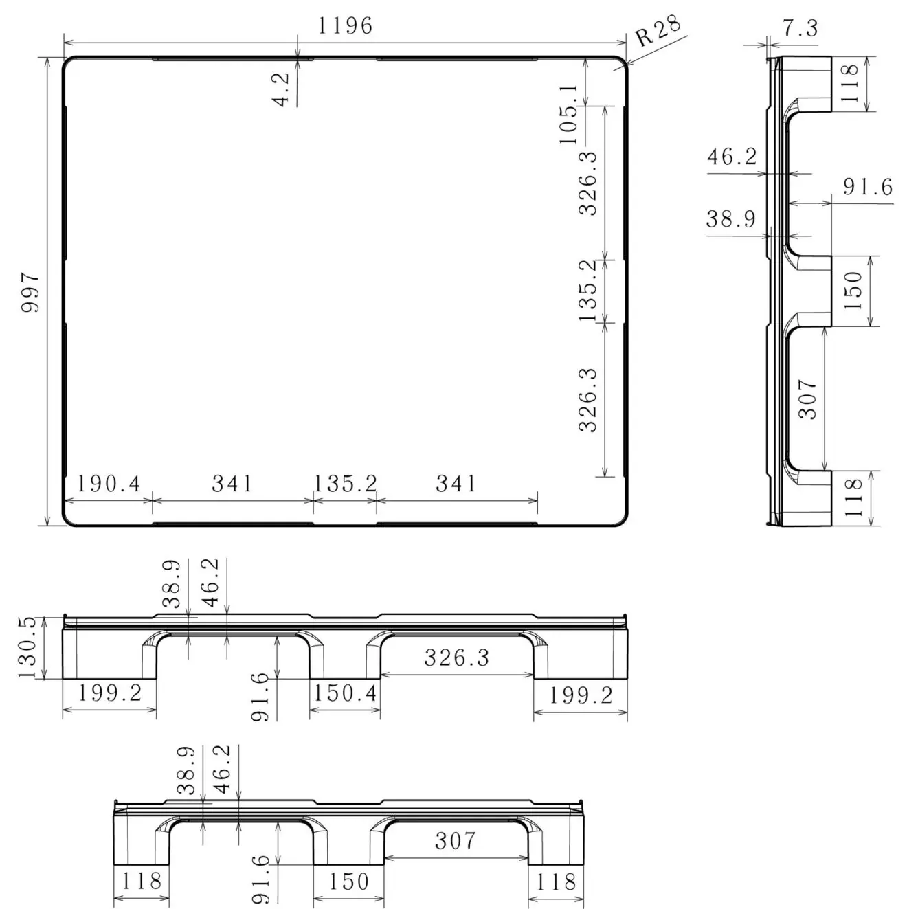 Dimensioned engineering drawing of the 48×40 nine-leg food-grade pallet: plan view, two elevations and an end view, marked in millimetres