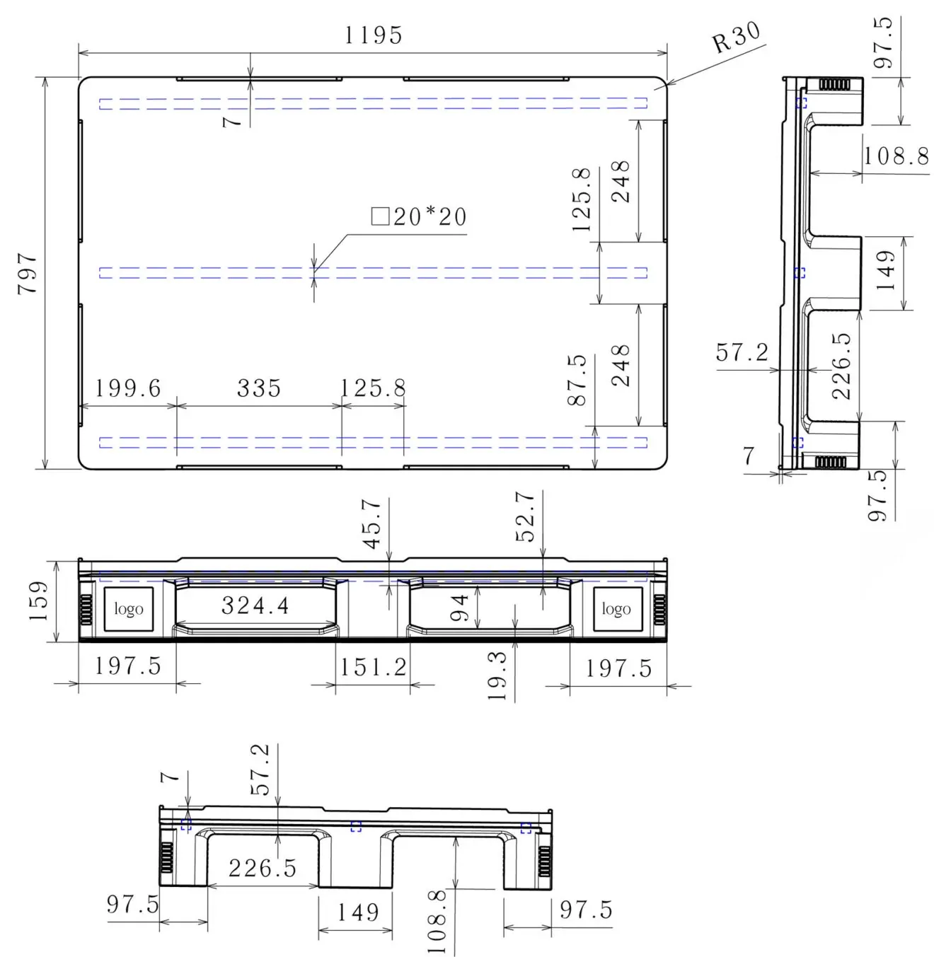 Dimensioned engineering drawing of the 47×31 food-grade pallet in its three-profile build, the profiles dashed: plan view, two elevations and an end view, marked in millimetres with logo panels on the long-side corner blocks