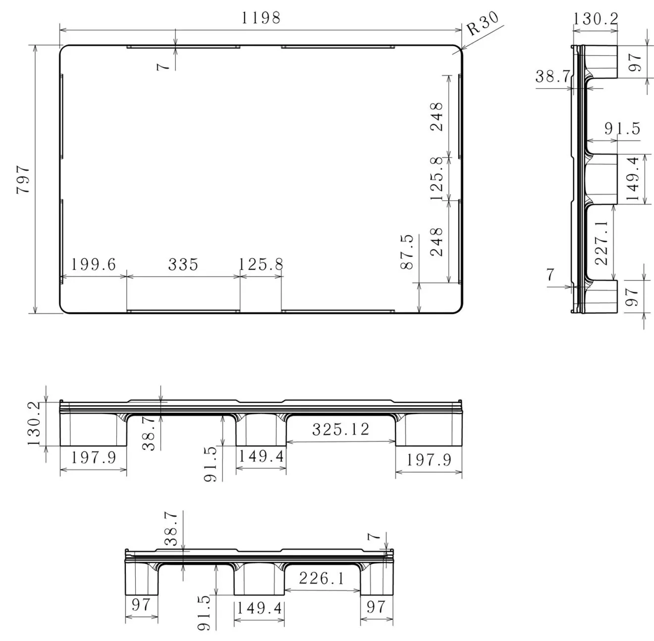 Dimensioned engineering drawing of the 47×31 nine-leg food-grade pallet: plan view, two elevations and an end view, marked in millimetres