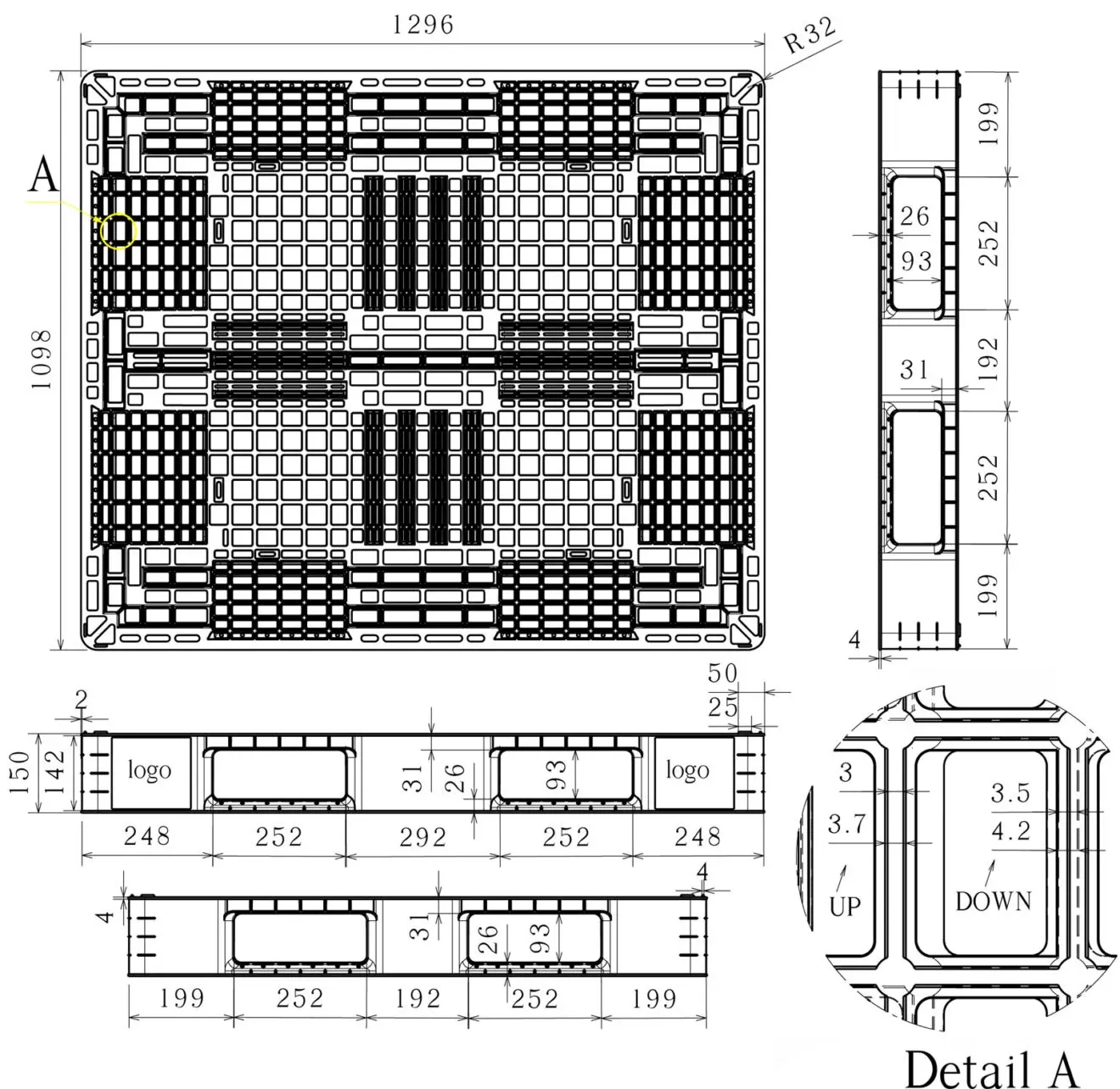 Dimensioned engineering drawing of the 51×43 high-racking heavy-duty pallet: plan view, two side elevations and a deck rib detail, marked in millimetres