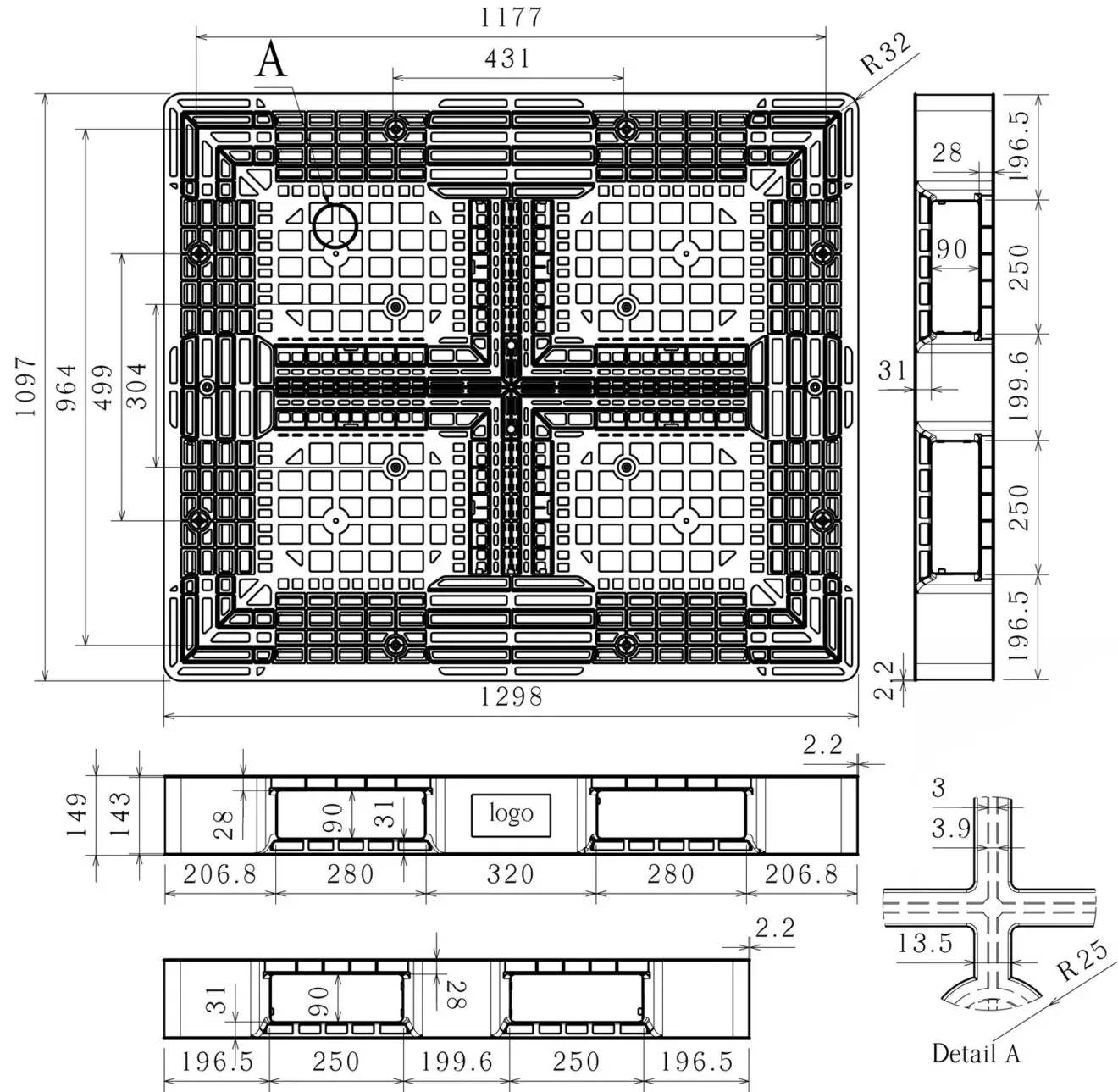 Dimensioned engineering drawing of the 51×43 heavy-duty pallet: plan view, two side elevations and a deck rib detail, marked in millimetres