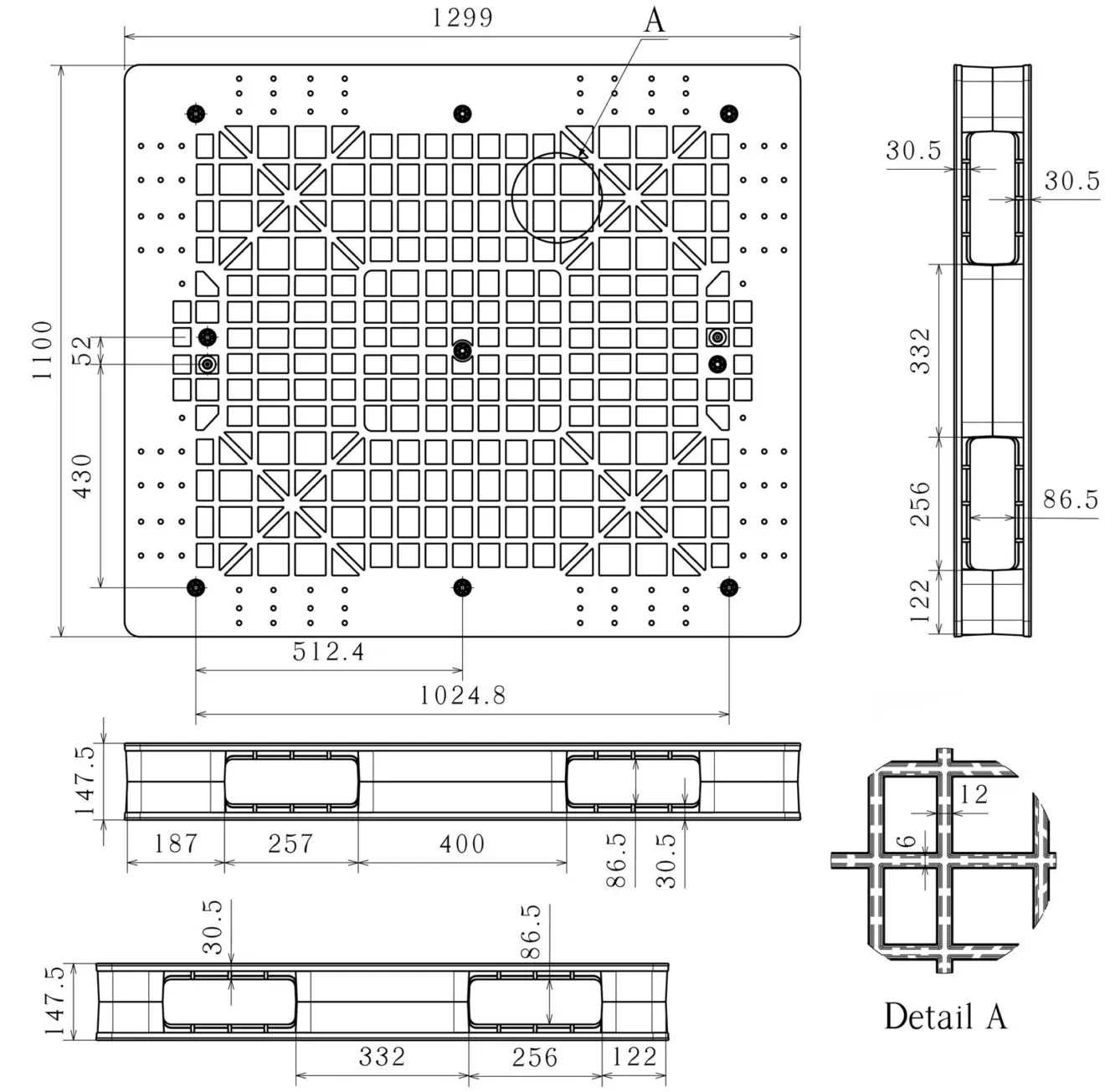 Dimensioned engineering drawing of the 51×43 reversible heavy-duty pallet: plan view, two side elevations and a rib detail, marked in millimetres