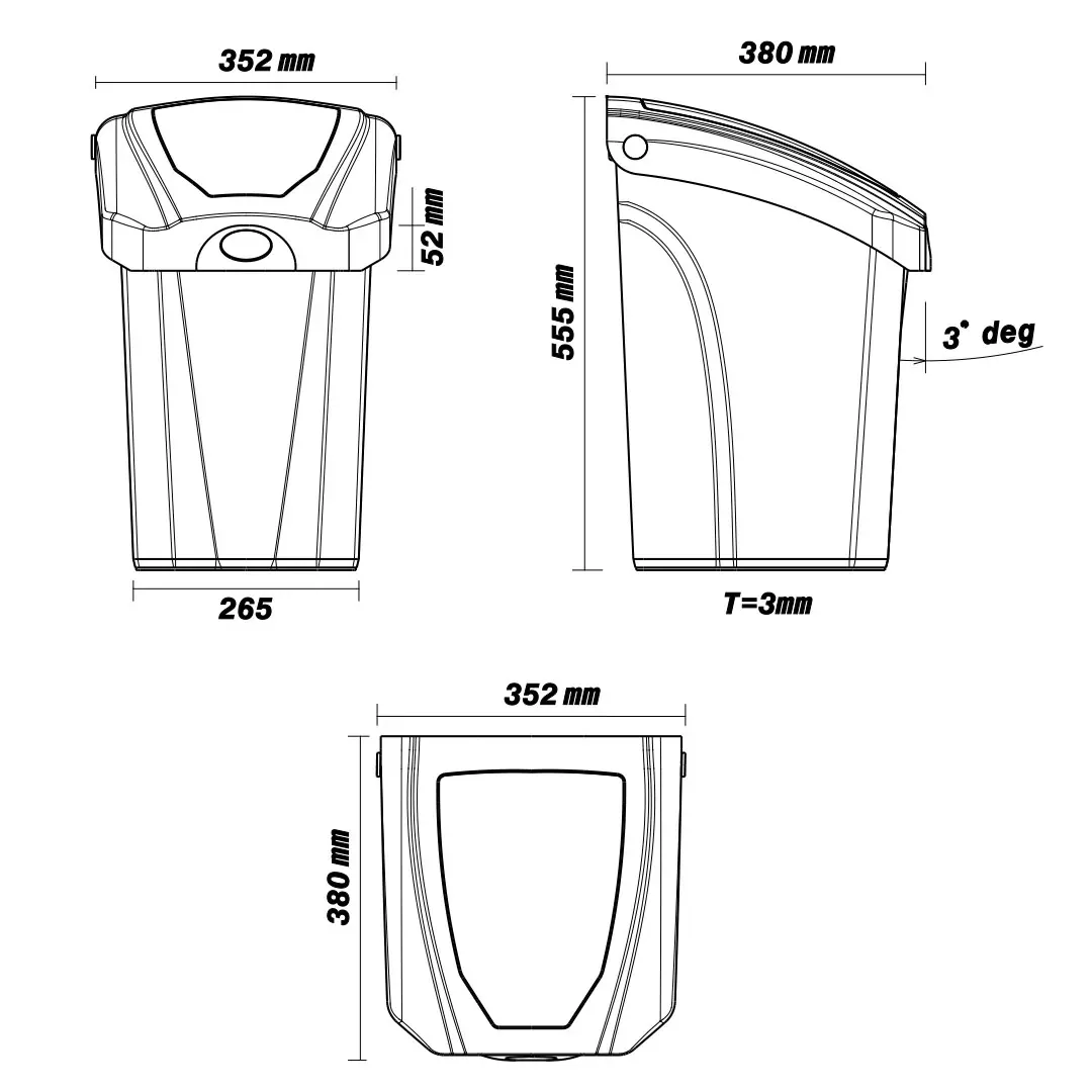 Dimensioned engineering drawing of the 45 litre indoor waste bin: front and side elevations and a plan view, marked in millimetres