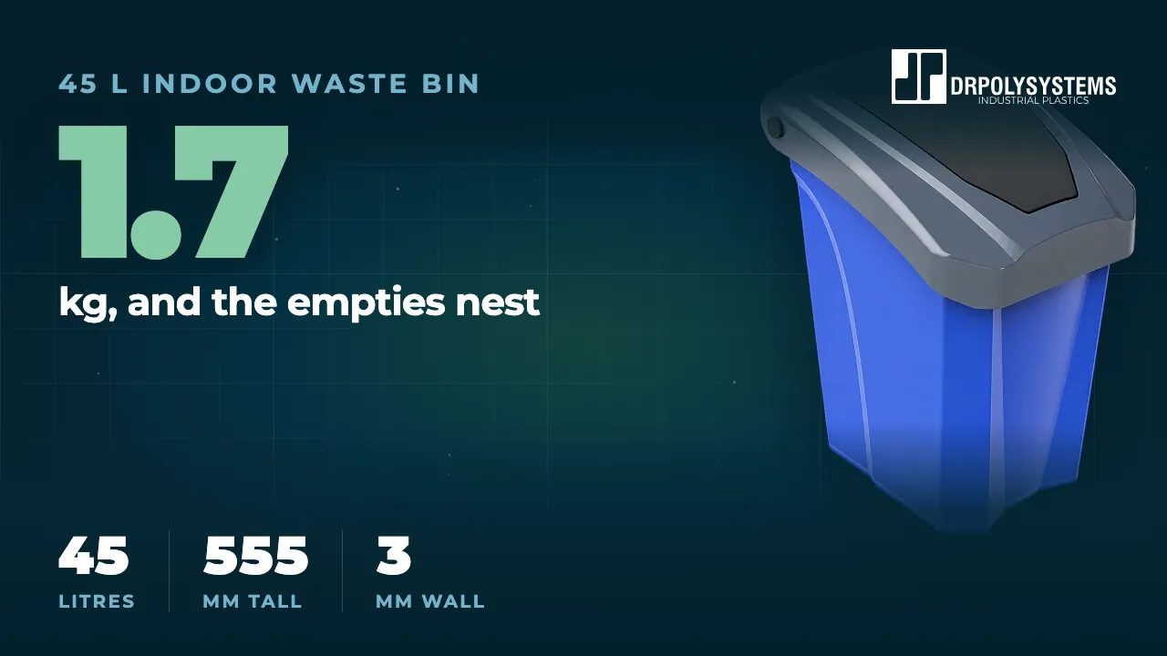 Cover frame of the 45 L Indoor Waste Bin, Lidded film: a blue tapered indoor waste bin with a grey swing-flap lid, with the figure 1.7 kg, and the empties nest