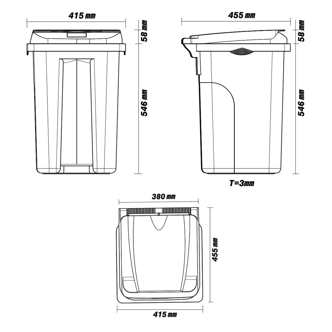 Dimensioned engineering drawing of the 60 litre indoor waste bin: two elevations and a plan view, marked in millimetres