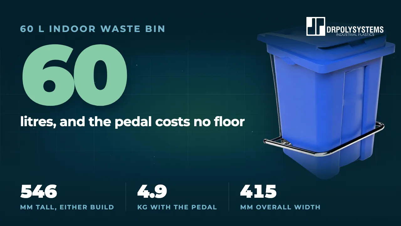 Cover frame of the 60 L Indoor Waste Bin film: a blue indoor waste bin with a grey lid and a steel foot pedal frame, with the figure 60 litres, and the pedal costs no floor