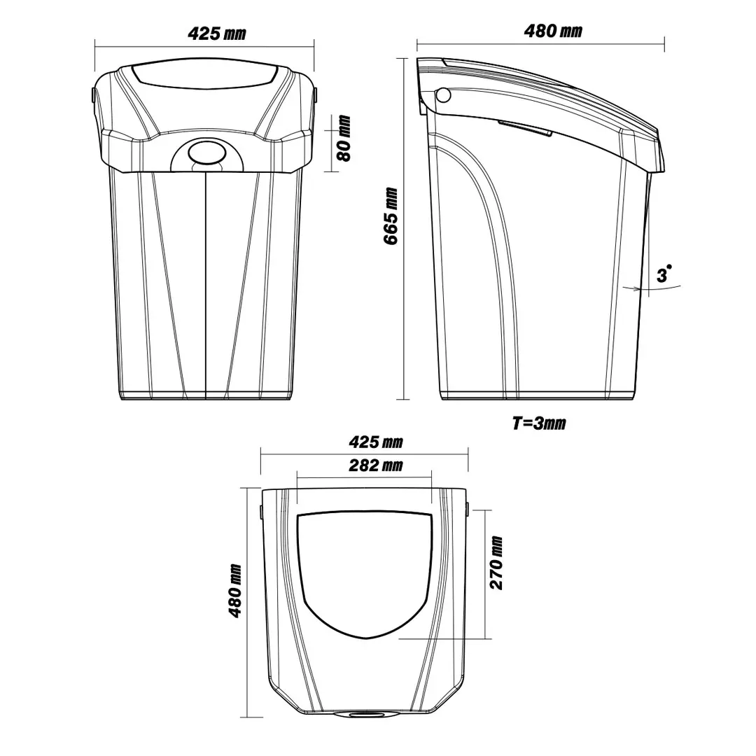 Dimensioned engineering drawing of the 65 litre indoor waste bin: front and side elevations and a plan view, marked in millimetres