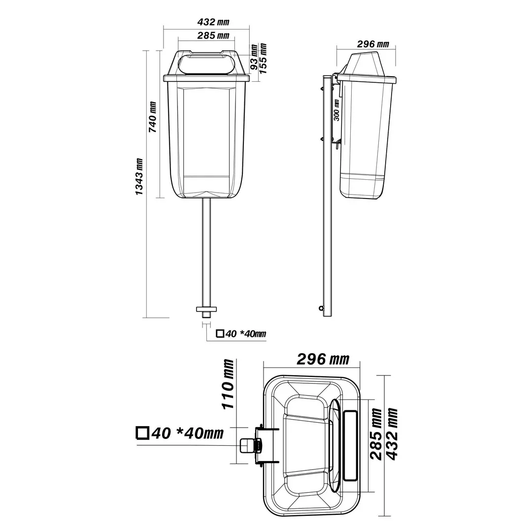 Dimensioned drawing of the post-mounted 50 litre litter bin: elevations and a plan view with the 40 by 40 millimetre post section marked