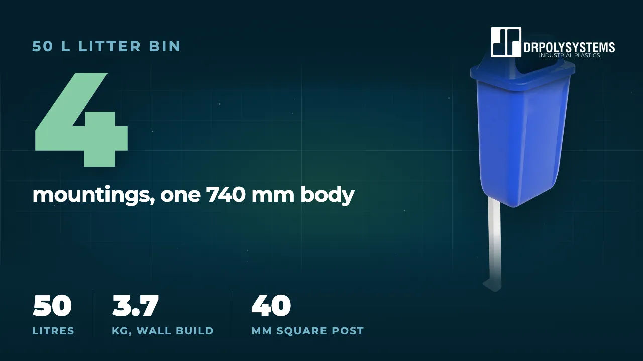 Cover frame of the 50 L Litter Bin, Post or Wall Mounted film: a blue litter bin with an open front, mounted on a grey square post, with the figure 4 mountings, one 740 mm body