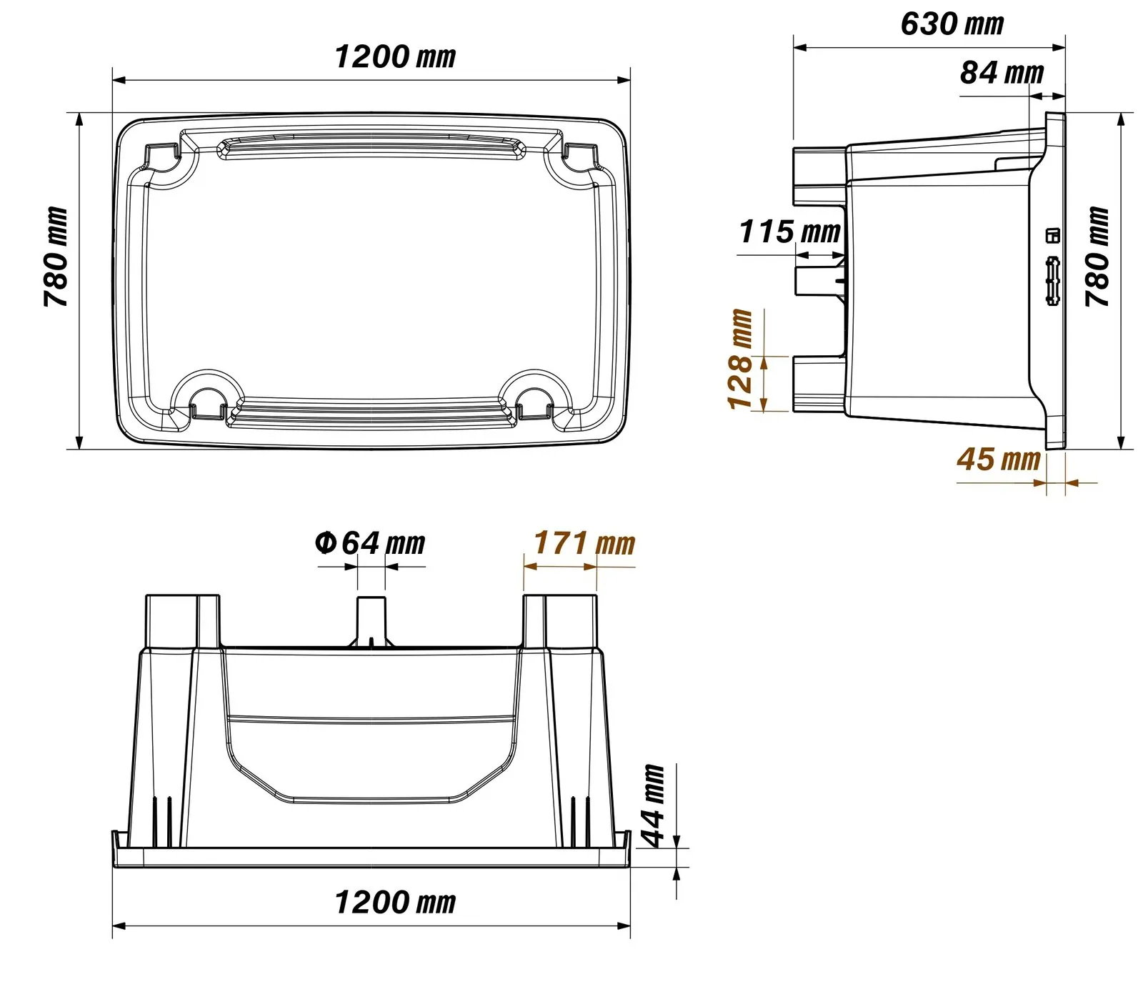 Dimensioned engineering drawing of the 47×31 nestable bulk container: plan view, side elevation and end elevation, marked in millimetres