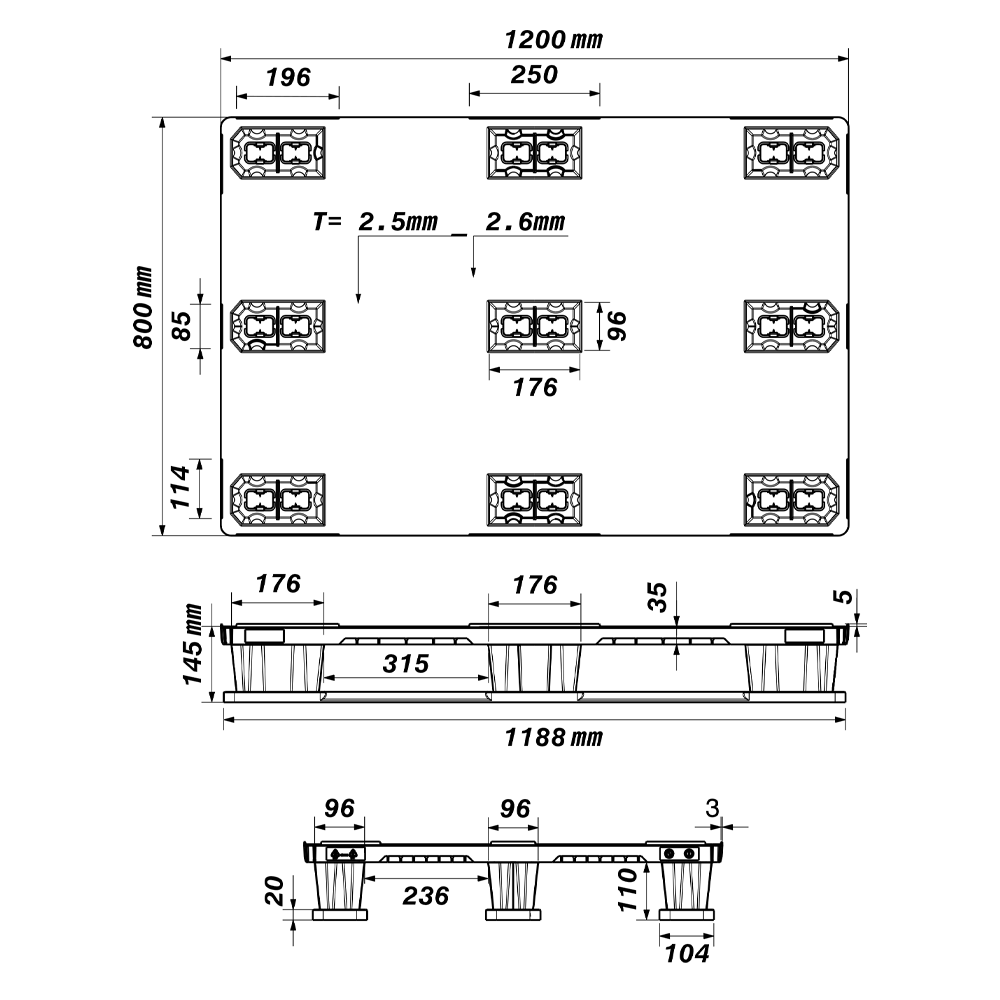 Dimensioned engineering drawing of the 47×31 closed-deck nestable pallet: plan view and two side elevations, with wall thickness and runner length marked in millimetres