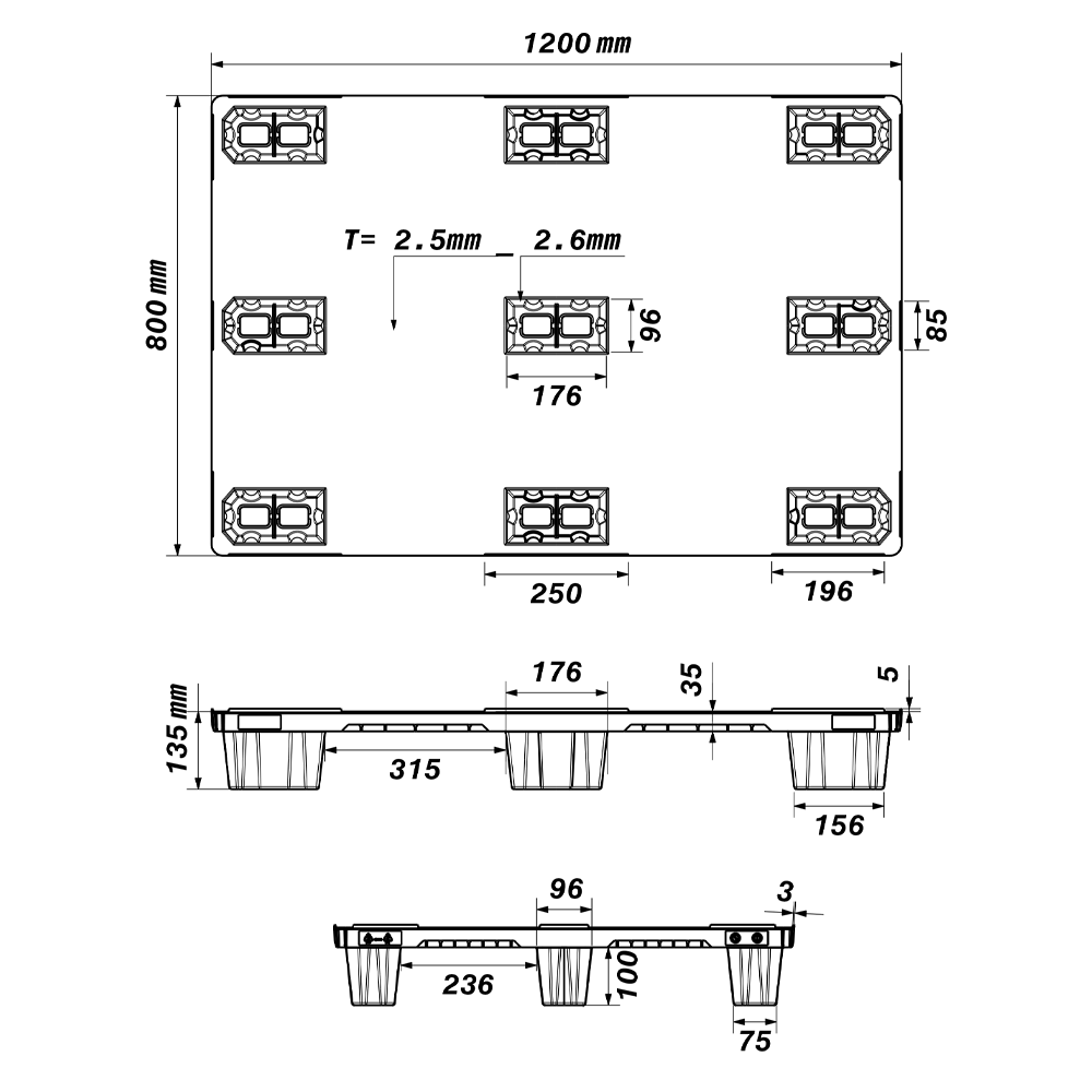Dimensioned engineering drawing of the 47×31 closed-deck nine-leg nestable pallet: plan view and two side elevations, with wall thickness marked in millimetres
