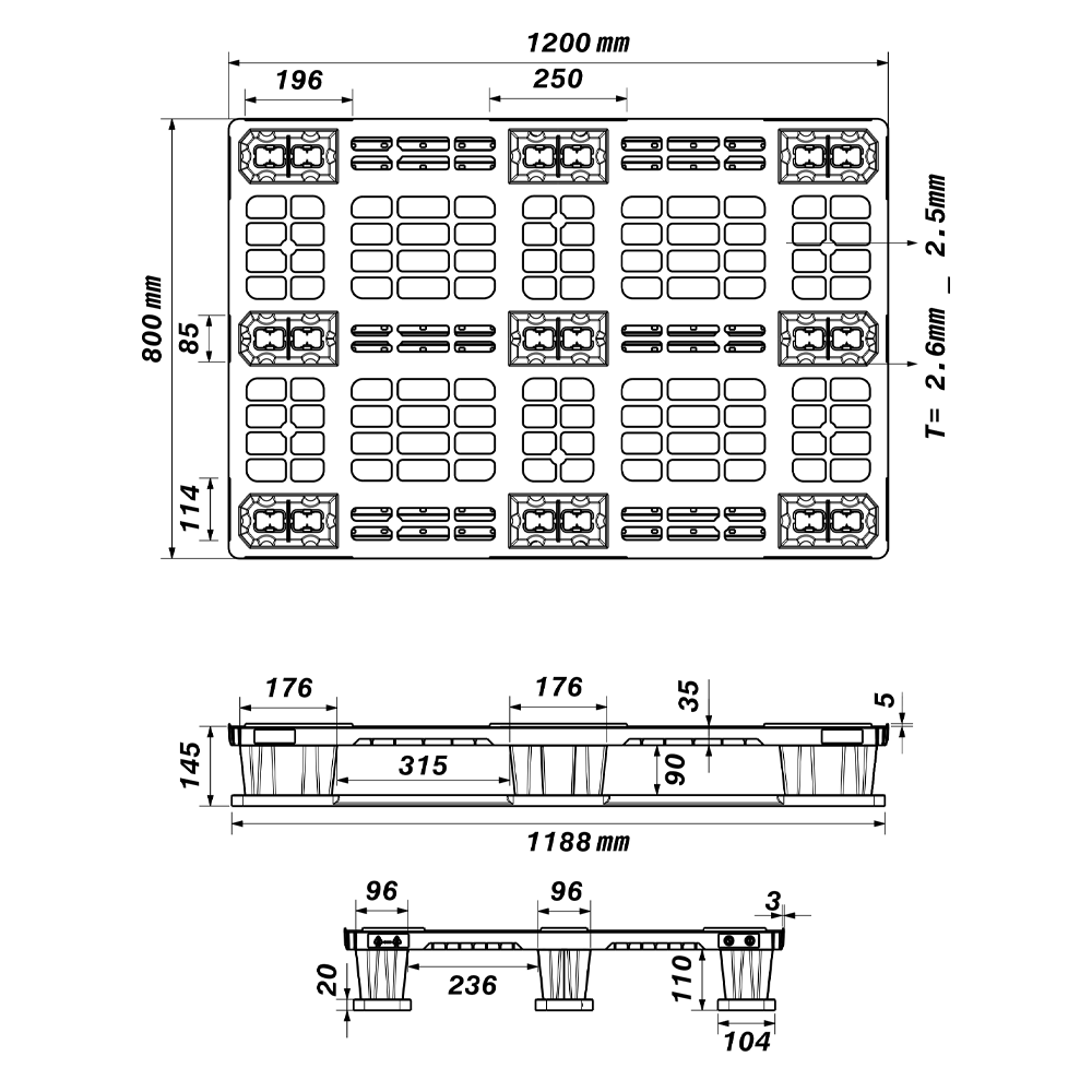 Dimensioned engineering drawing of the 47×31 nestable pallet: plan view and two side elevations, with wall thickness and runner length marked in millimetres