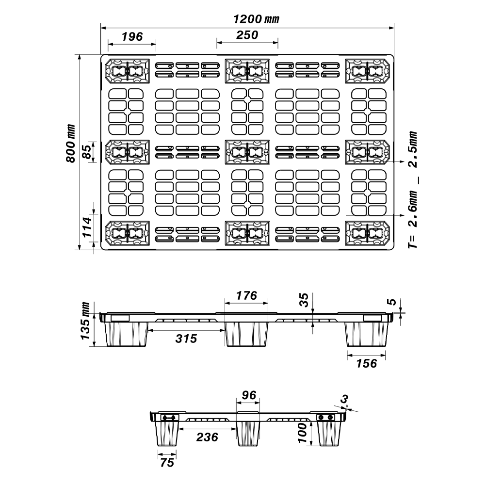 Dimensioned engineering drawing of the 47×31 nine-leg nestable pallet: plan view and two side elevations, with wall thickness marked in millimetres
