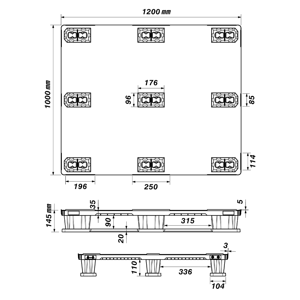 Dimensioned engineering drawing of the 48×40 closed-deck nestable pallet: plan view and two side elevations, marked in millimetres