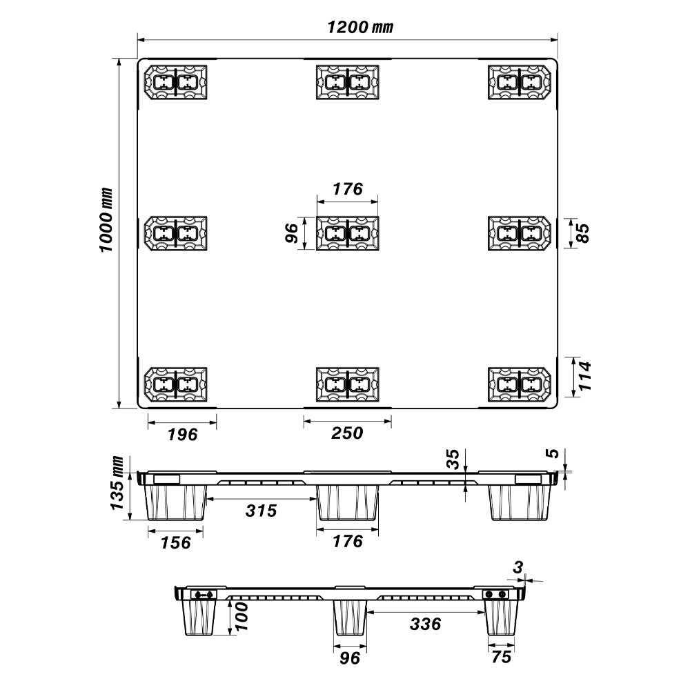 Dimensioned engineering drawing of the 48×40 closed-deck nine-leg nestable pallet: plan view and two side elevations, marked in millimetres