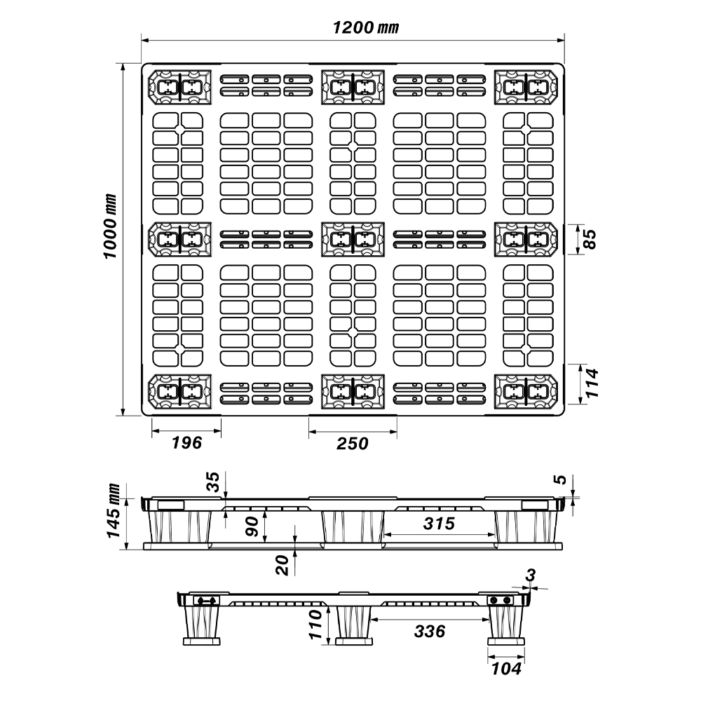 Dimensioned engineering drawing of the 48×40 snap-on runner nestable pallet: plan view and two side elevations, marked in millimetres