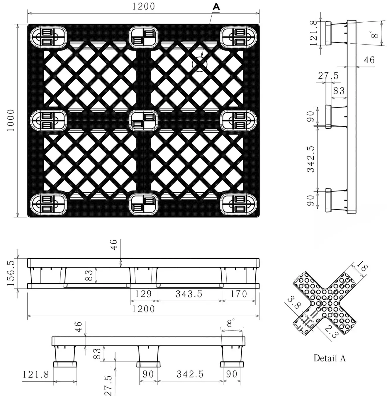 Dimensioned engineering drawing of the 48×40 nestable pallet: plan view, two side elevations and a deck rib detail, marked in millimetres