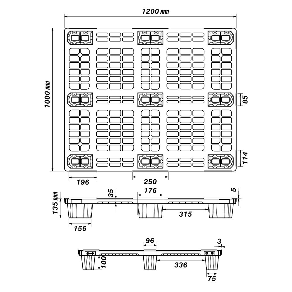 Dimensioned engineering drawing of the 48×40 nine-leg nestable pallet: plan view and two side elevations, marked in millimetres