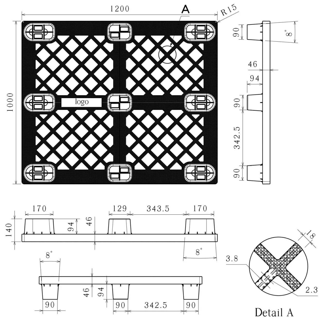 Dimensioned engineering drawing of the 48×40 nine-leg nestable pallet: plan view, two side elevations and a deck rib detail, marked in millimetres
