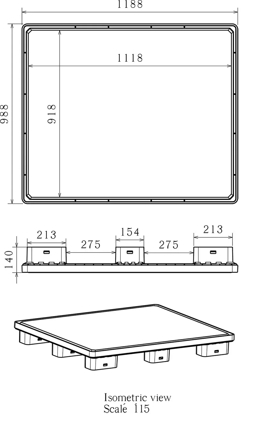 Dimensioned engineering drawing of the 48×40 nine-leg rackable pallet: plan view, side section and isometric view, marked in millimetres