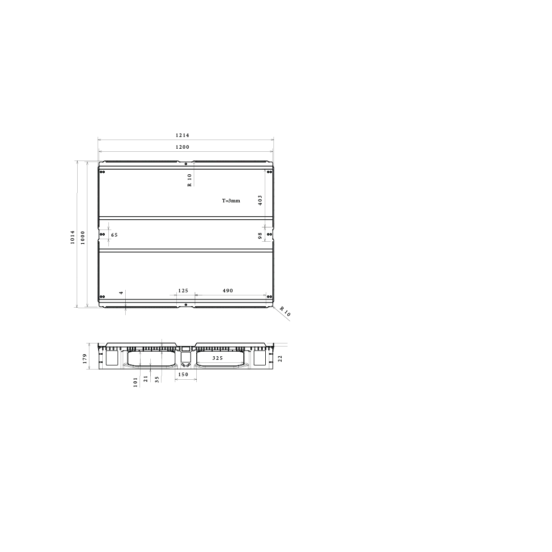 Dimensioned engineering drawing of the 48×40 closed-deck rackable pallet in its high-rim build: plan view and side section, marked in millimetres