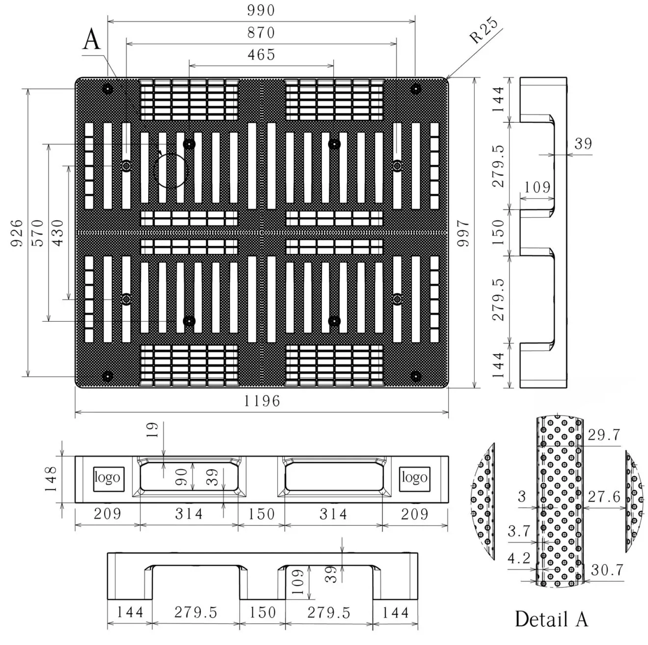 Dimensioned engineering drawing of the 48×40 three-runner rackable pallet: plan view, two sections and a deck detail, marked in millimetres