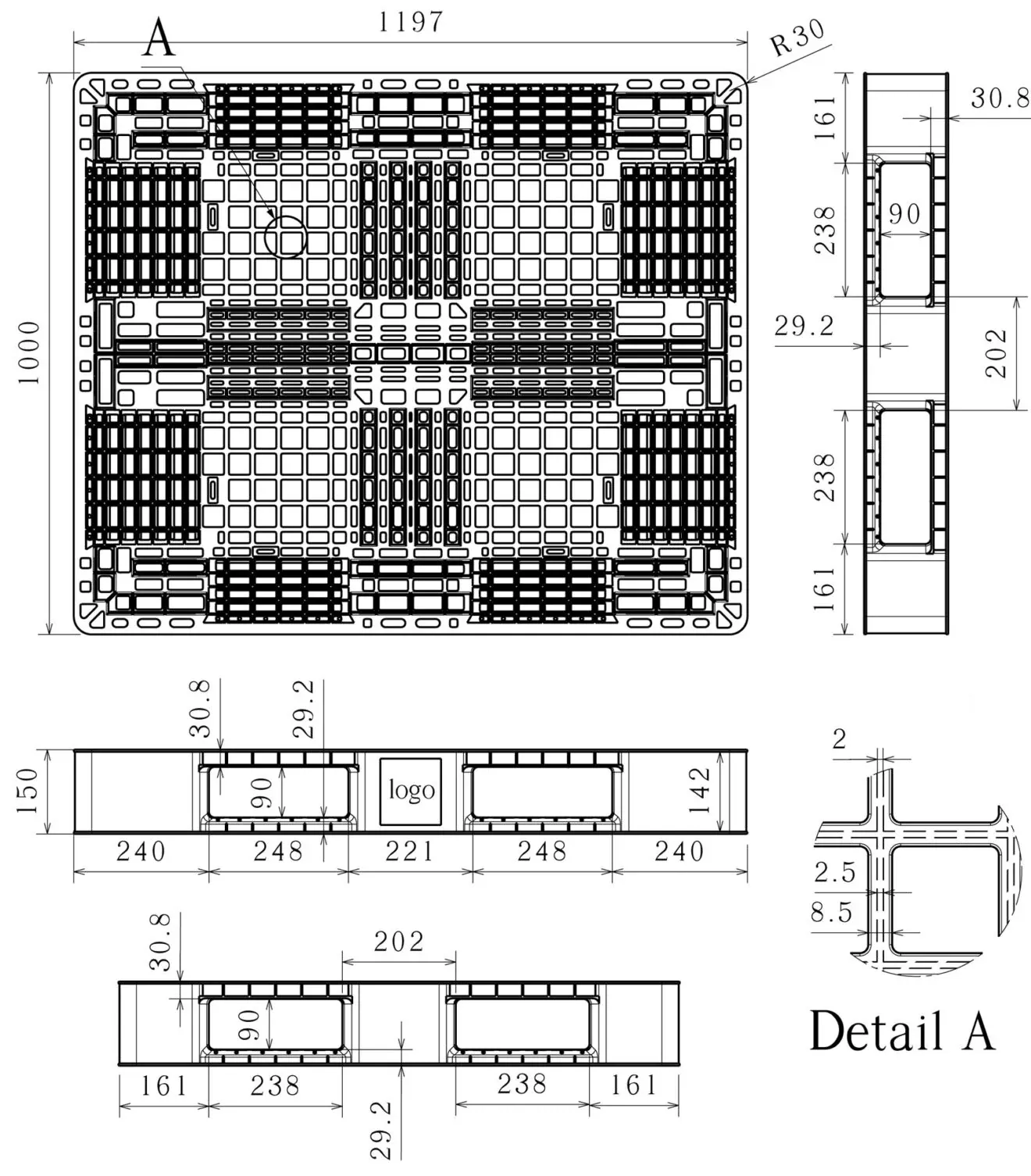 Dimensioned engineering drawing of the 48×40 six-runner rackable pallet: plan view, two sections and a rib detail, marked in millimetres