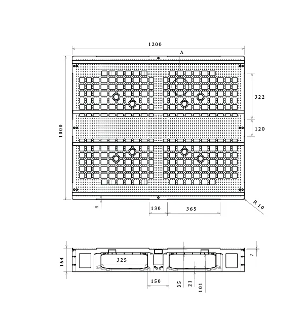 Dimensioned engineering drawing of the 48×40 reinforced rackable pallet: plan view and side section, marked in millimetres